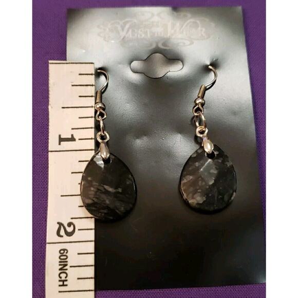 Natural Black Marbled Stone Dangle Earrings Teardrop Shape, Silver Tone, New - Picture 4 of 5